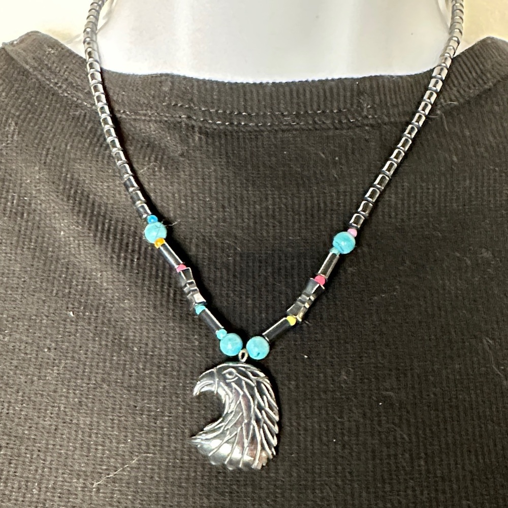 Silver/Steel Beaded Eagle Pendant Necklace